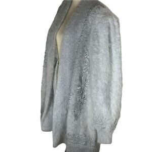 Vintage Angora Baby Blue Floral Embroidered Pearl Duster Women's S Cottage Pearl